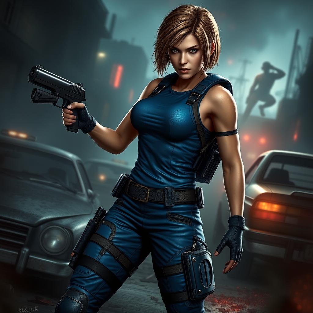 Jill Valentine, a strong and determined female character from the Resident Evil series, depicted in a dynamic action pose with her signature blue tactical outfit, featuring a form-fitting sleeveless shirt, cargo pants, and high-tech gear