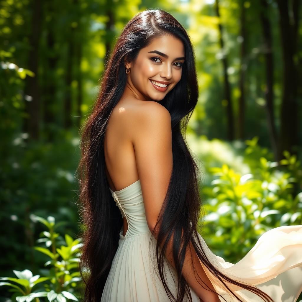 A young, curvy woman with fair skin and long, silky black hair, resembling a beautiful pearl, standing gracefully in a lush green forest