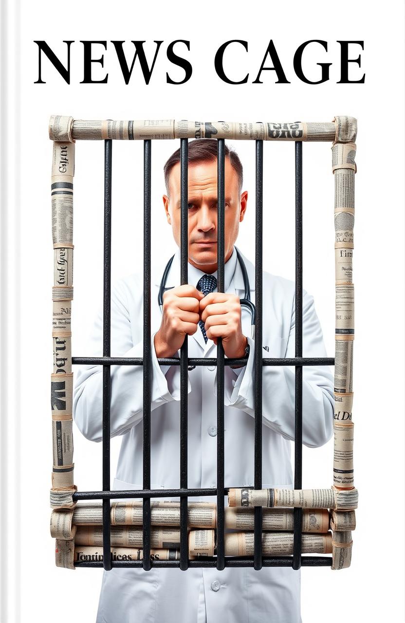 A book cover design featuring a doctor gripping the bars of a cage made from rolled up newspapers