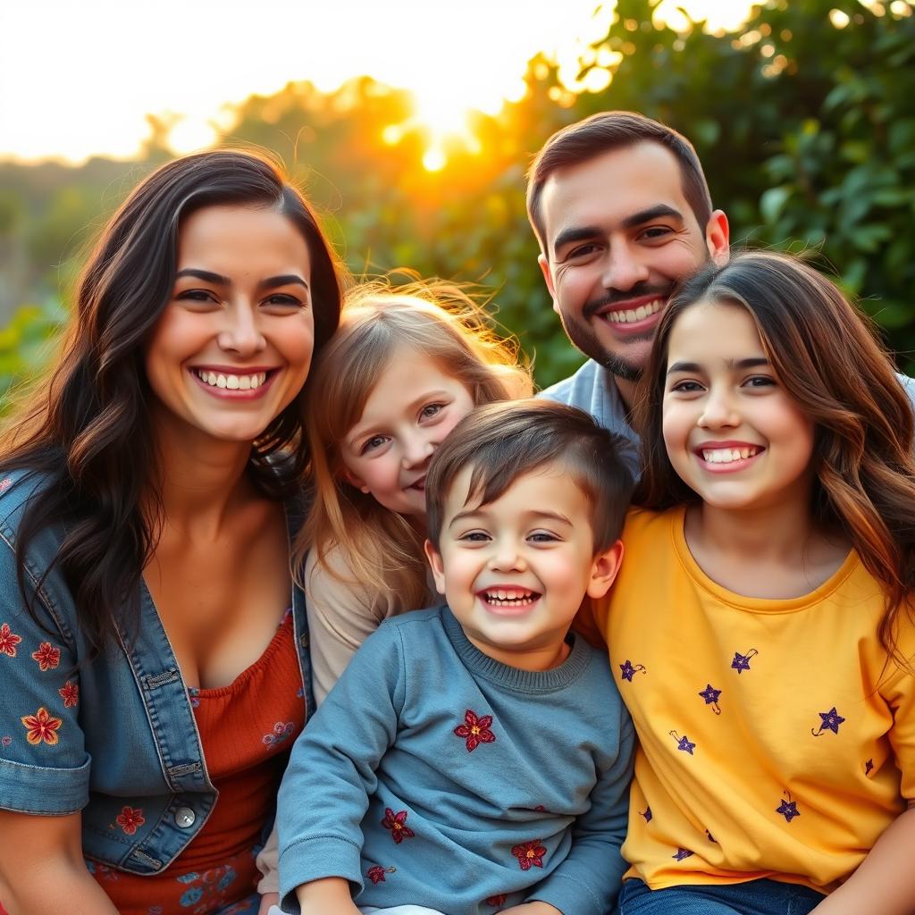 A warm and loving family photo featuring three distinct faces, captured in a cozy outdoor setting