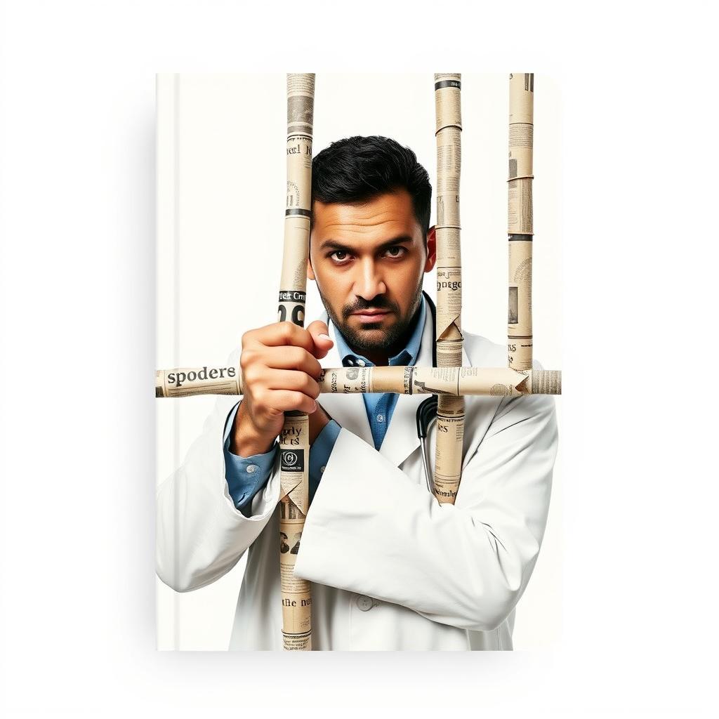 A book cover design featuring a Cuban doctor gripping the bars of a cage made from rolled up newspapers