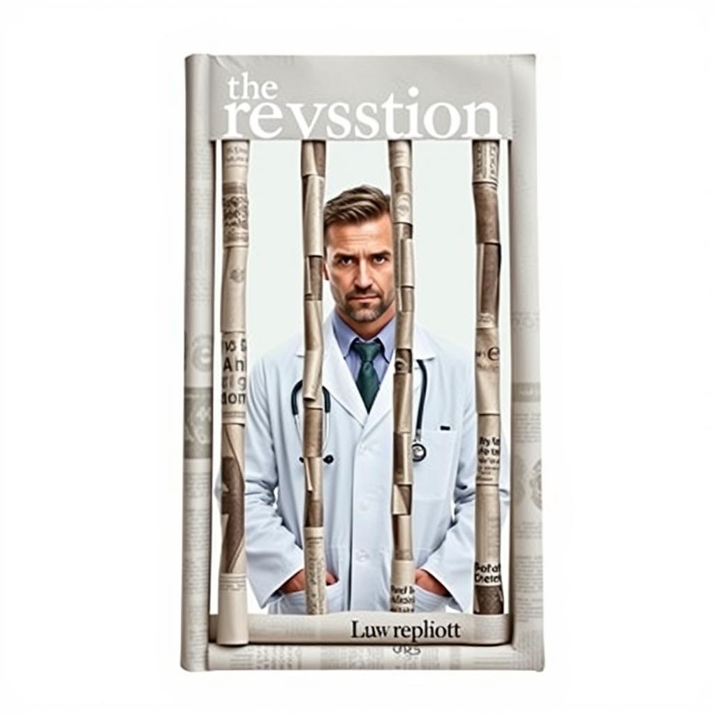 A book cover design with a pure white background featuring a doctor standing behind the bars of a cage made from rolled up newspapers