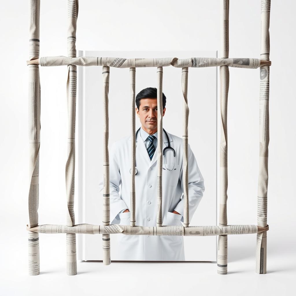 A book cover design with a pure white background featuring a doctor standing behind the bars of a cage made from rolled up newspapers