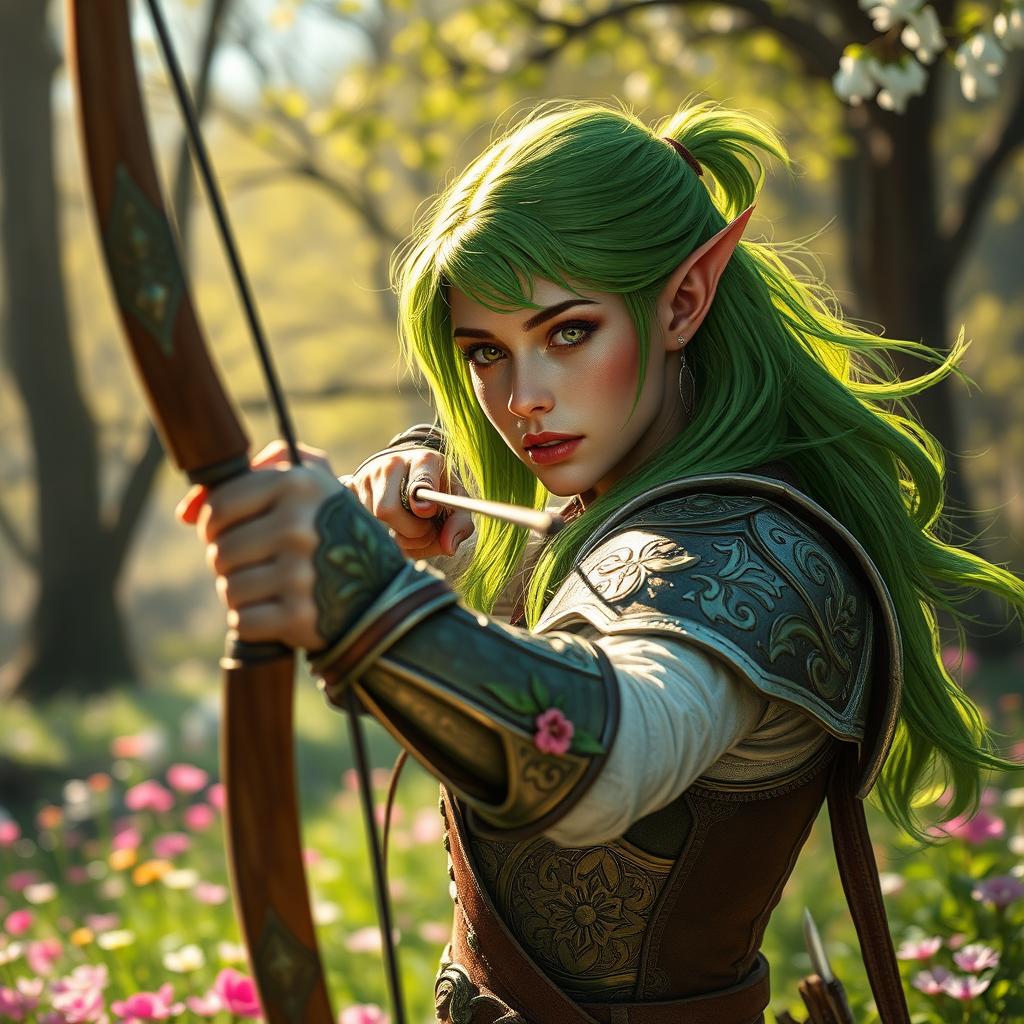 A captivating scene of a female Eladrin paladin in a lush spring setting, her striking green hair flowing elegantly as she aims her longbow