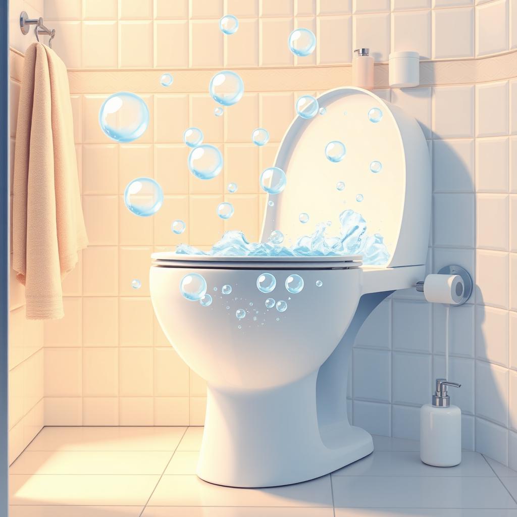 An illustration of a bathroom toilet filled with bubbles of soap and water, the bubbles reflecting light in a vibrant, cheerful way