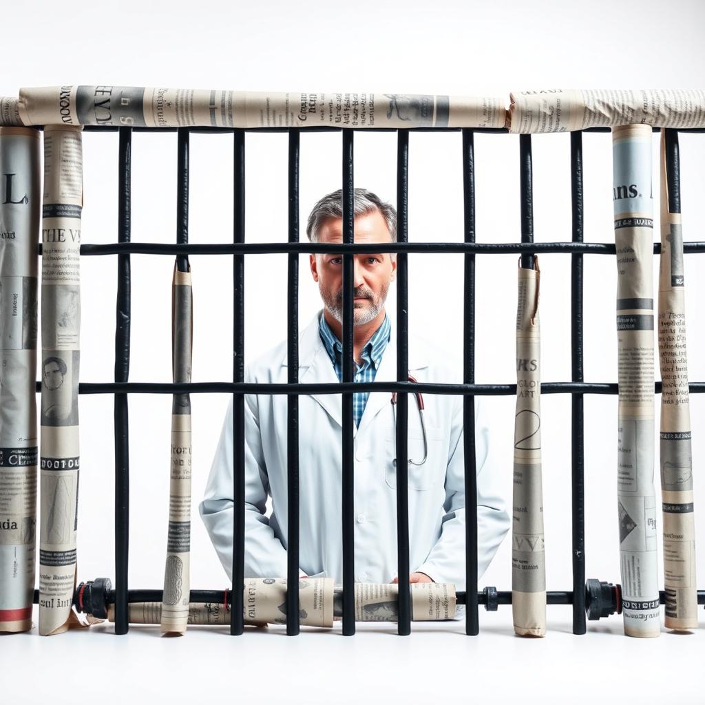 A book cover design with a pure white background featuring a doctor standing behind the bars of a cage made from rolled up newspapers