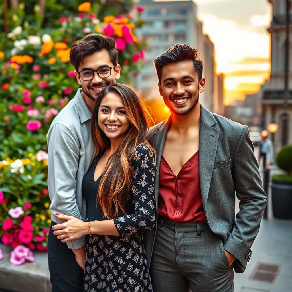 A seamless blend of two images, where both subjects appear as if they are standing closely together in a natural and harmonious composition