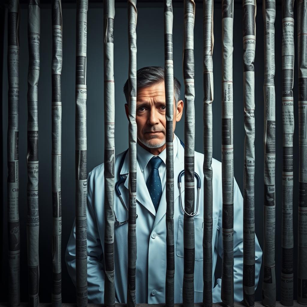 A dramatic scene featuring a doctor standing behind bars of a cage made from rolled up newspapers