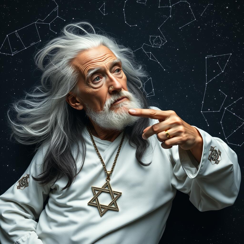 An elderly man lying in the constellation Cassiopeia, with long white and black hair, wearing white clothing adorned with the Star of David pendant