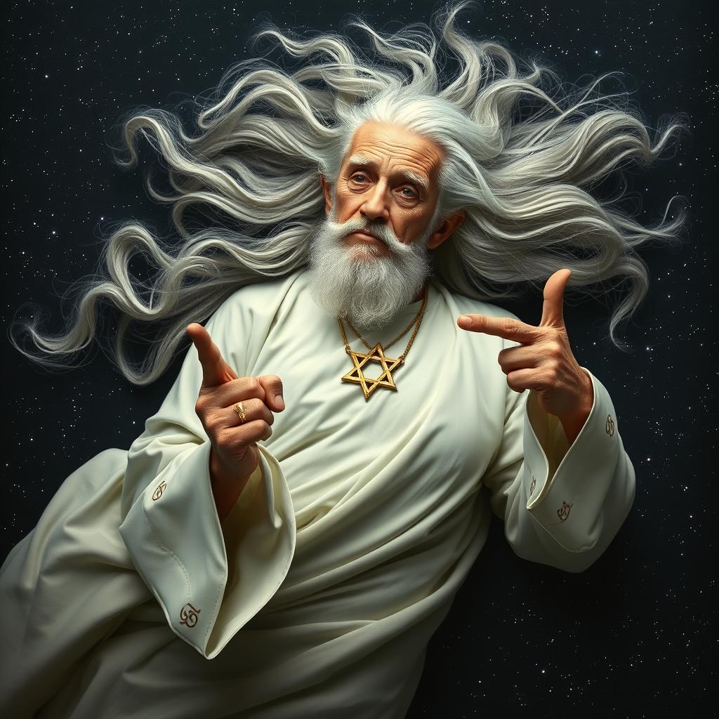 An elderly man lying within the constellation Cassiopeia, characterized by long white and black hair flowing around him