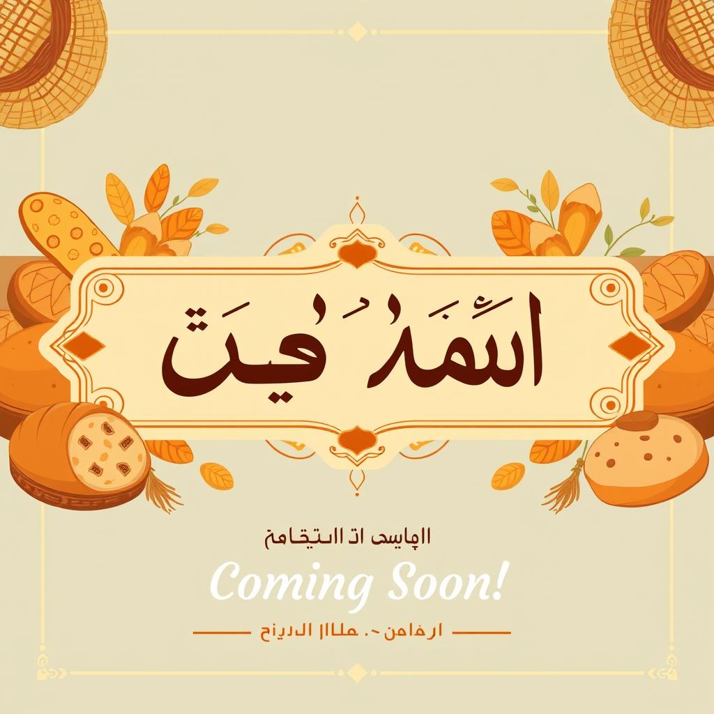A vibrant and inviting announcement poster for a new bakery named "صاج الحارة" featuring a traditional Middle Eastern theme