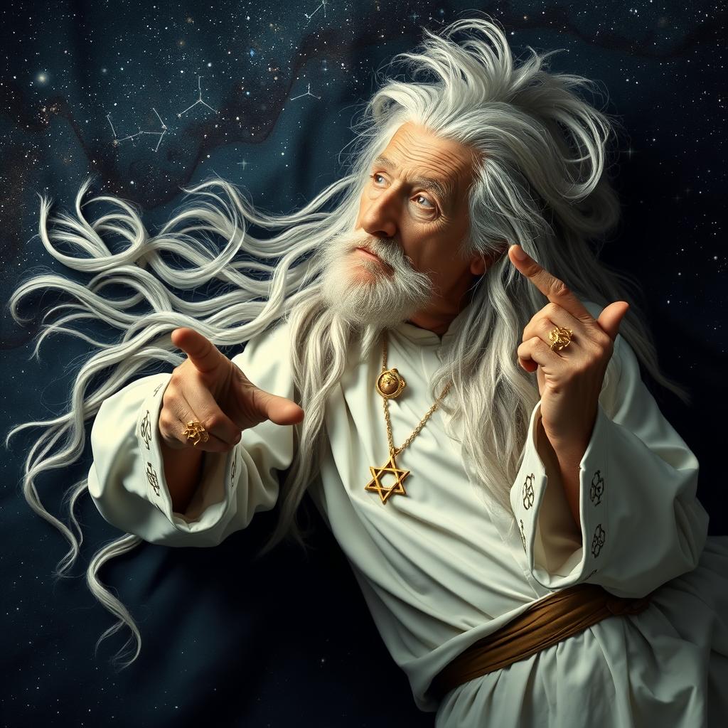 An elderly man lying within the constellation Cassiopeia, characterized by long flowing white and black hair