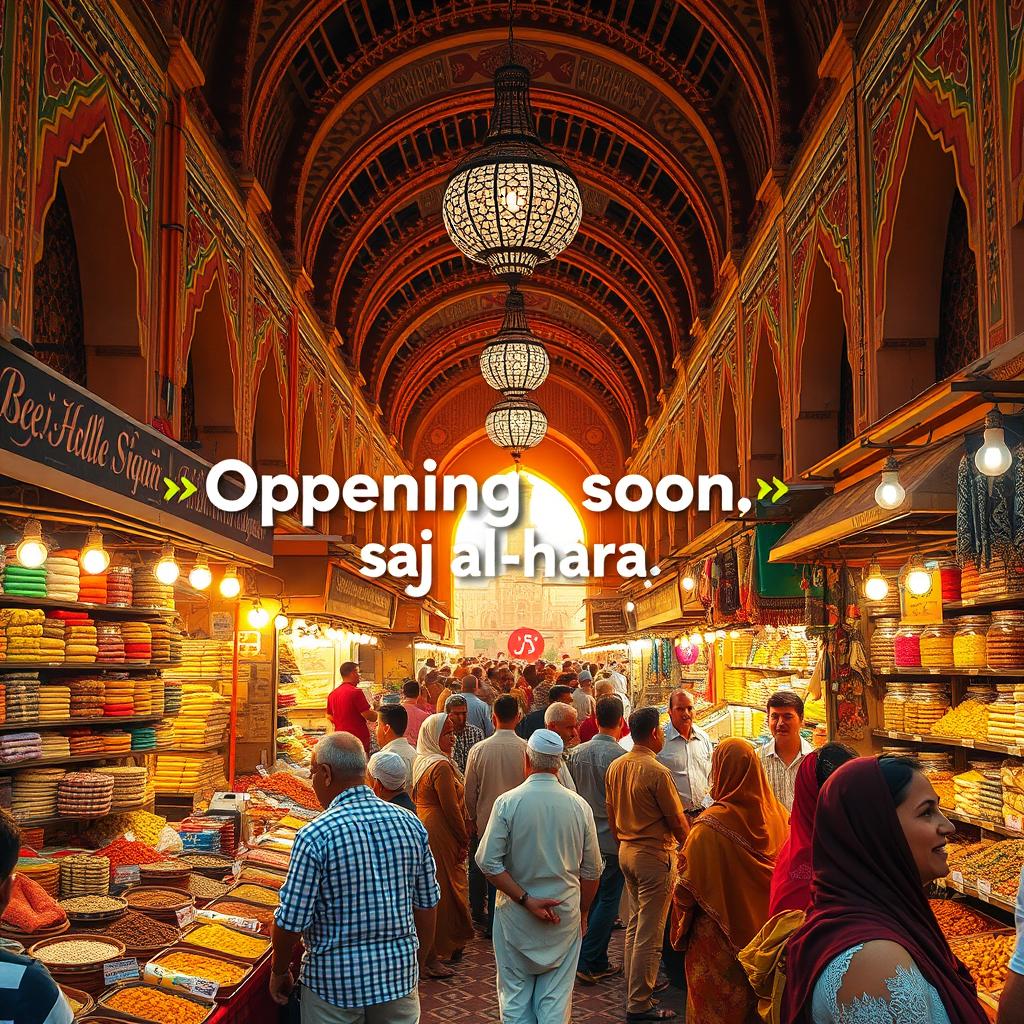A vibrant and lively scene of a bustling Middle Eastern marketplace, filled with colorful stalls showcasing various traditional goods, spices, and textiles