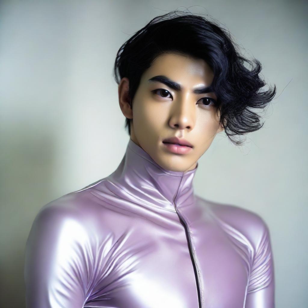 A 20-year-old Indonesian man with a firm face, large head, black hair, sharp nose, thin eyebrows, curled eyelashes, large eyes, clean-shaven, wearing latex catsuit pants.