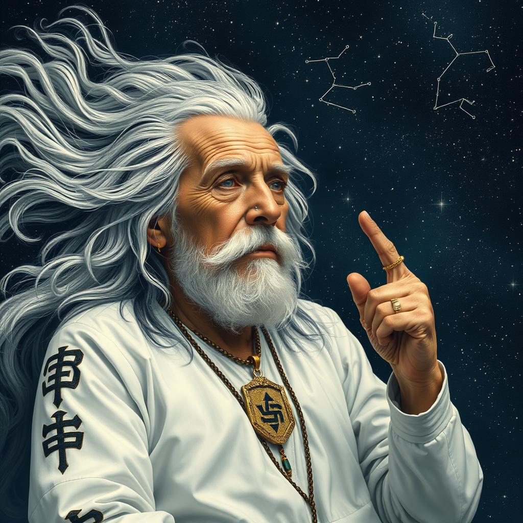 An elderly man lying within the constellation Cassiopeia, characterized by long flowing white and black hair