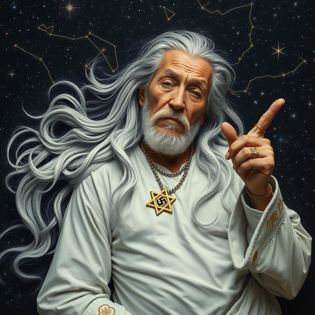 An elderly man lying within the constellation Cassiopeia, featuring long flowing white and black hair