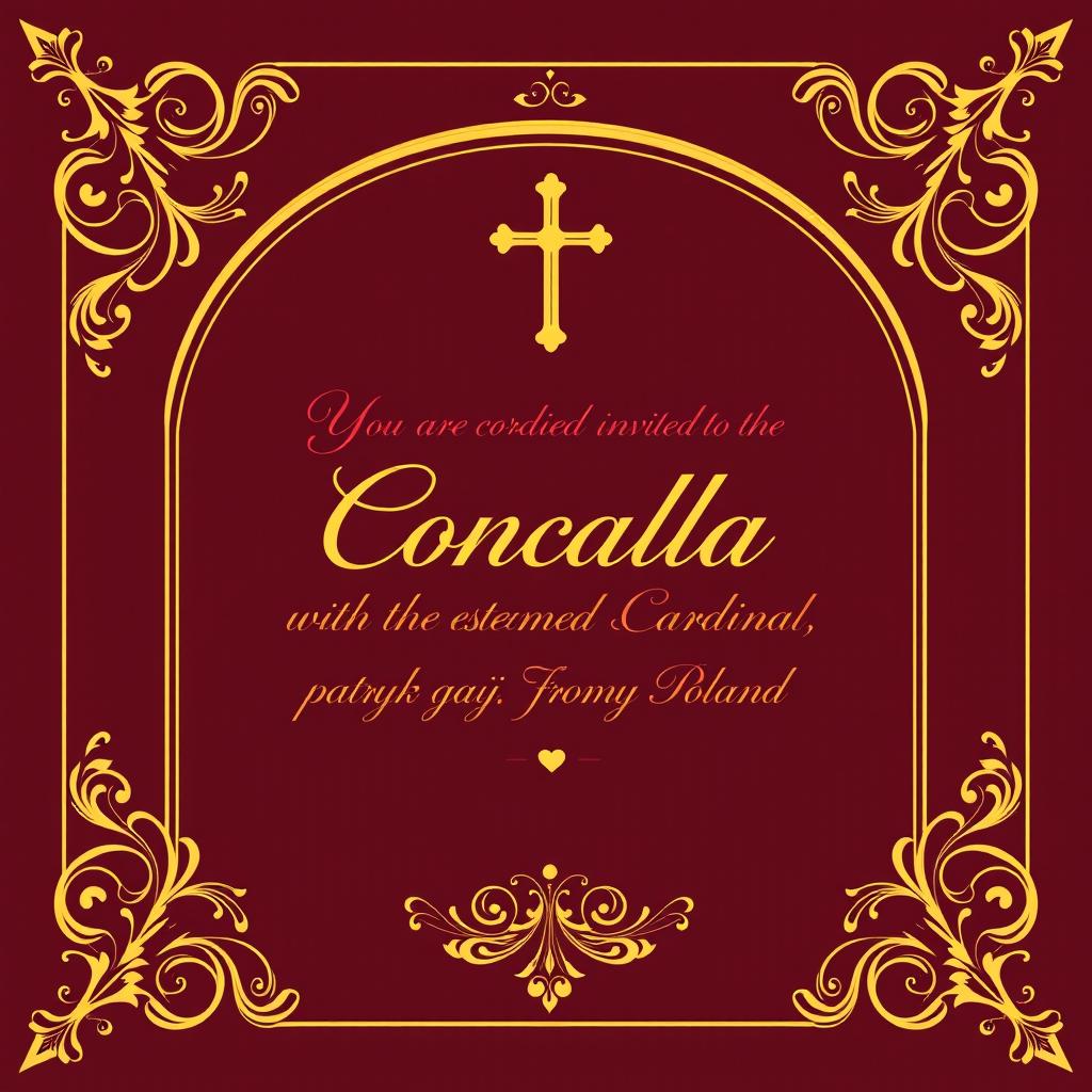 An elegant invitation card for a conclave, featuring ornate golden borders and a sophisticated background design