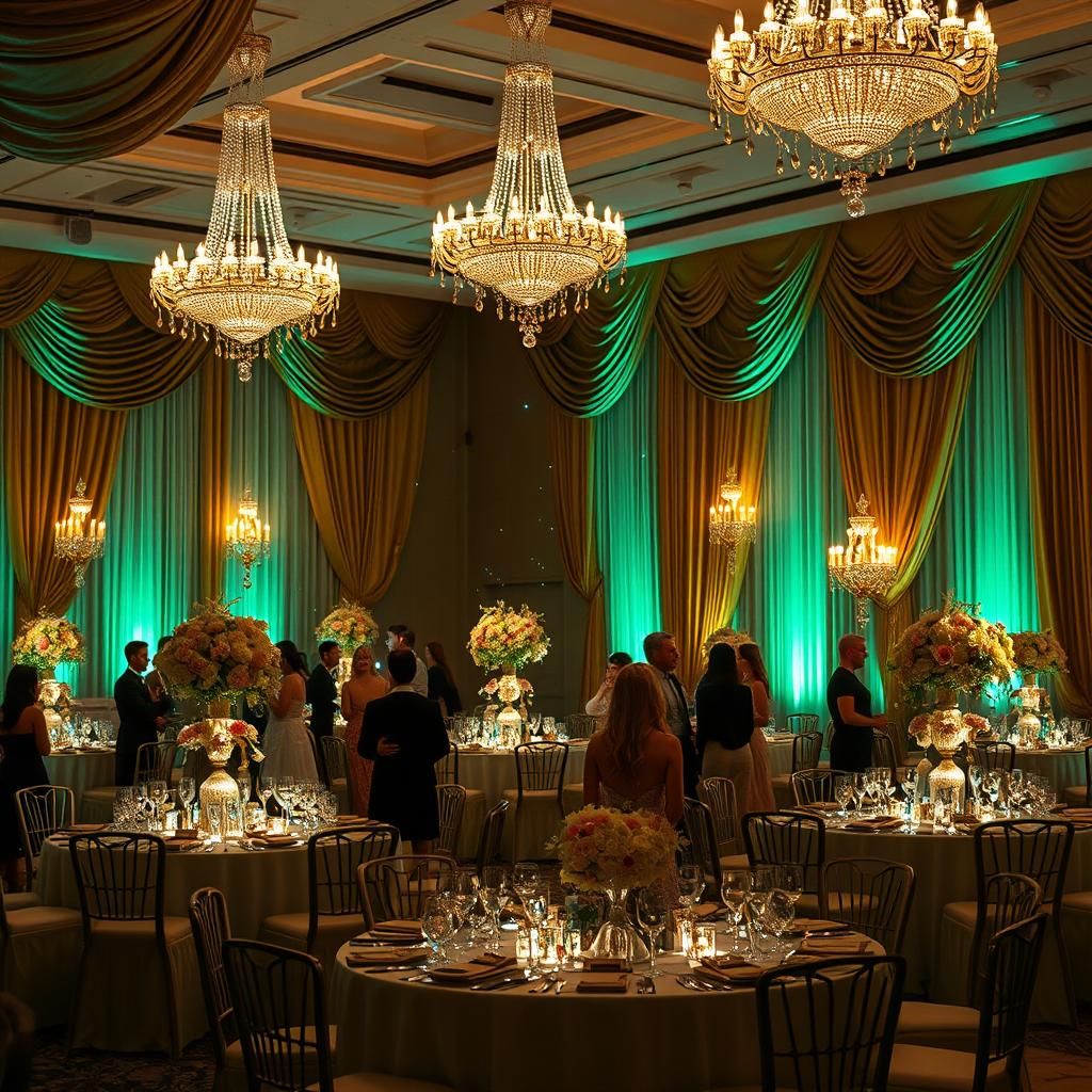 A mesmerizing and magical formal ballroom scene filled with enchanting details that capture attention