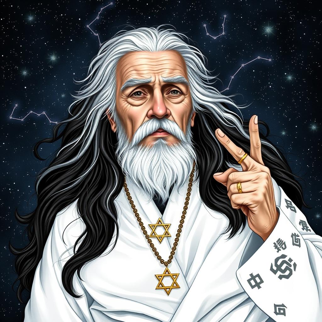 An elderly man lying within the constellation Cassiopeia, displaying long hair that is black and white