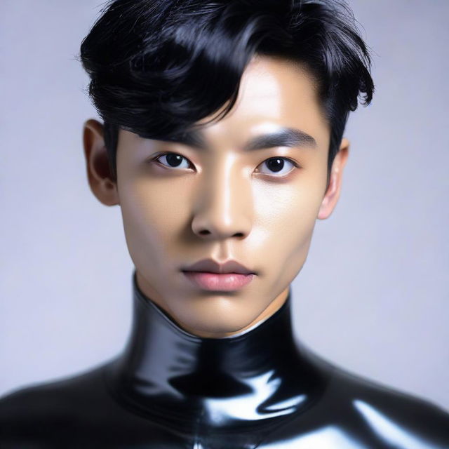 A 20-year-old Indonesian man with a firm face, large head, black hair, sharp nose, thin eyebrows, curled eyelashes, large eyes, clean-shaven, wearing latex catsuit pants.