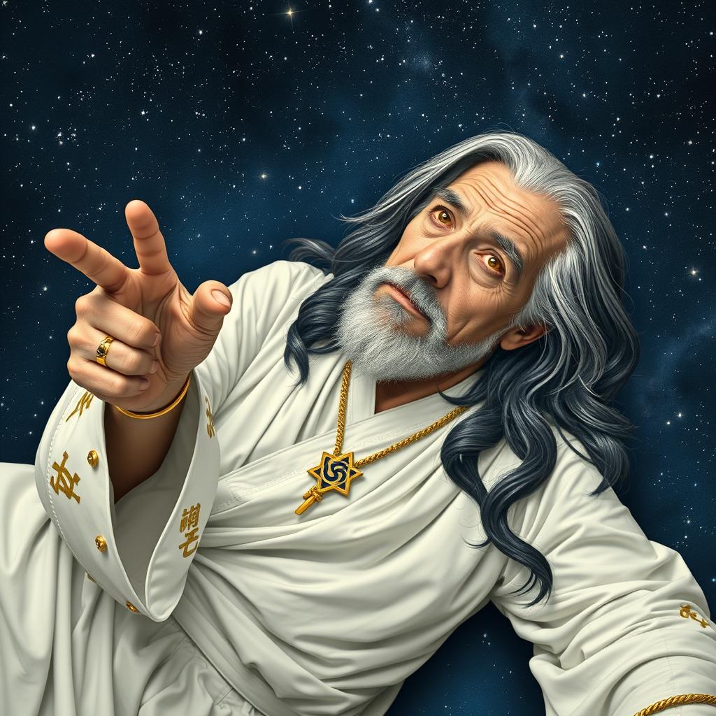 An elderly man depicted lying within the constellation Cassiopeia, characterized by long black and white hair