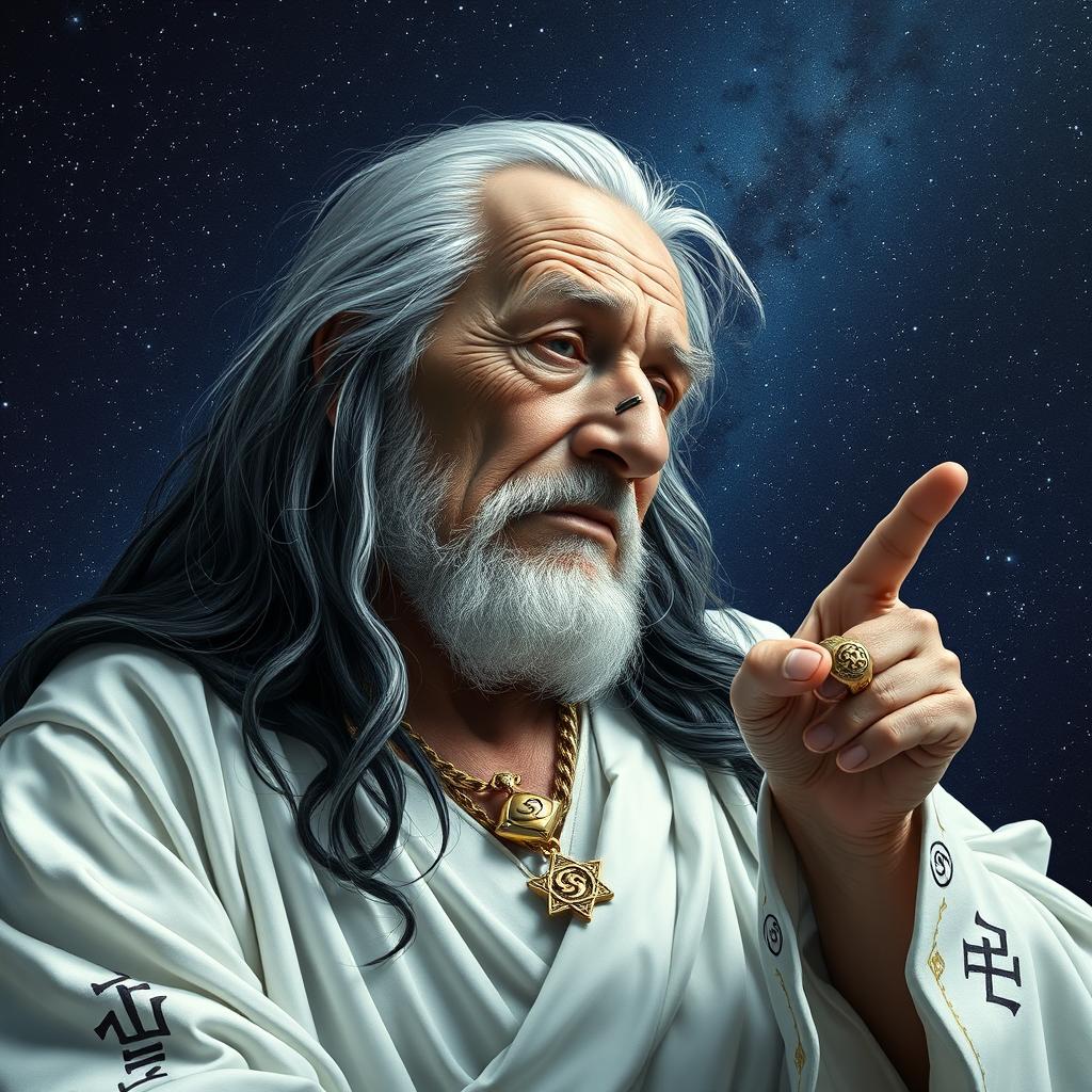 An elderly man reclining in the constellation Cassiopeia, characterized by long black and white hair