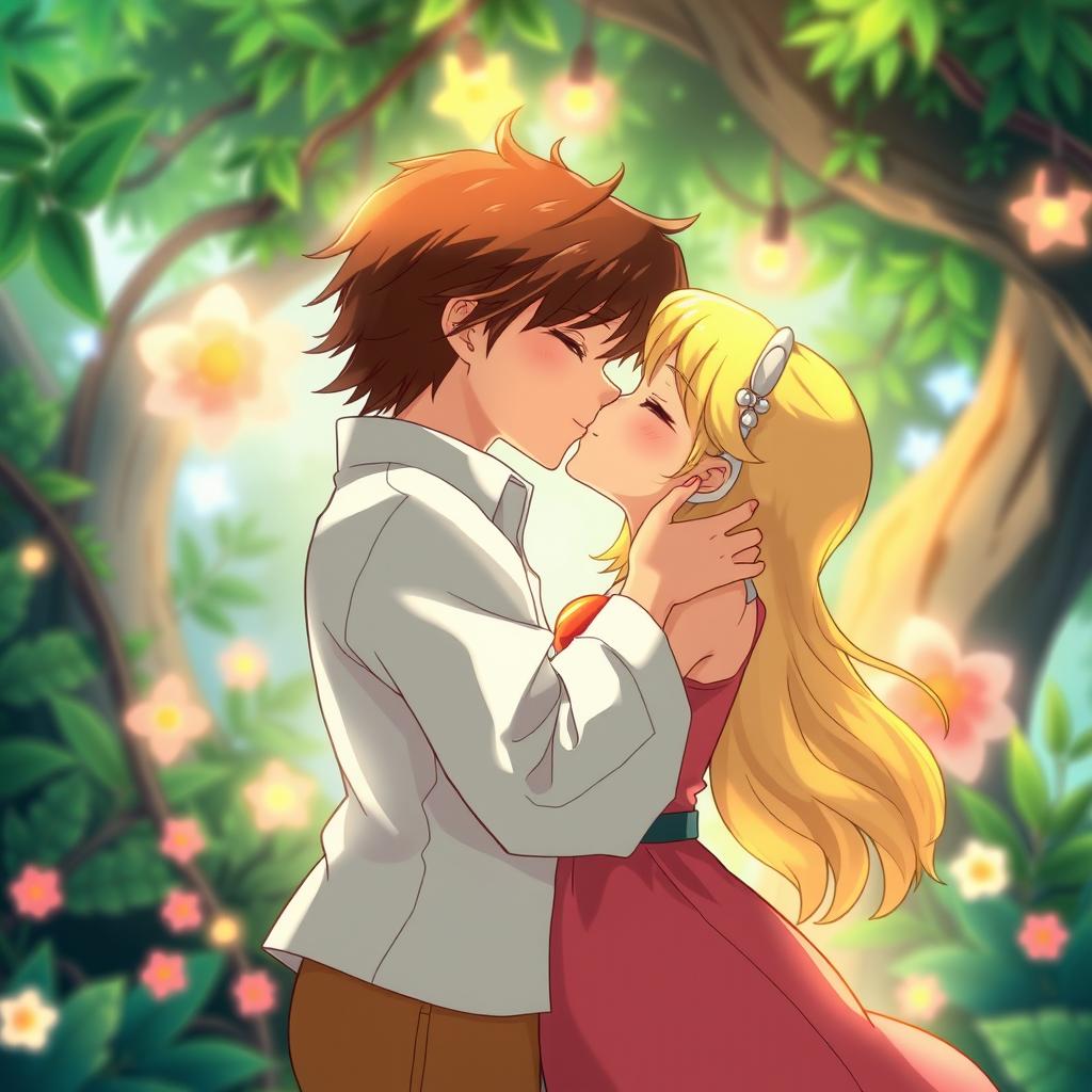 A warm and intimate scene of two characters passionately kissing in a loving embrace, depicted in the enchanting Studio Ghibli style