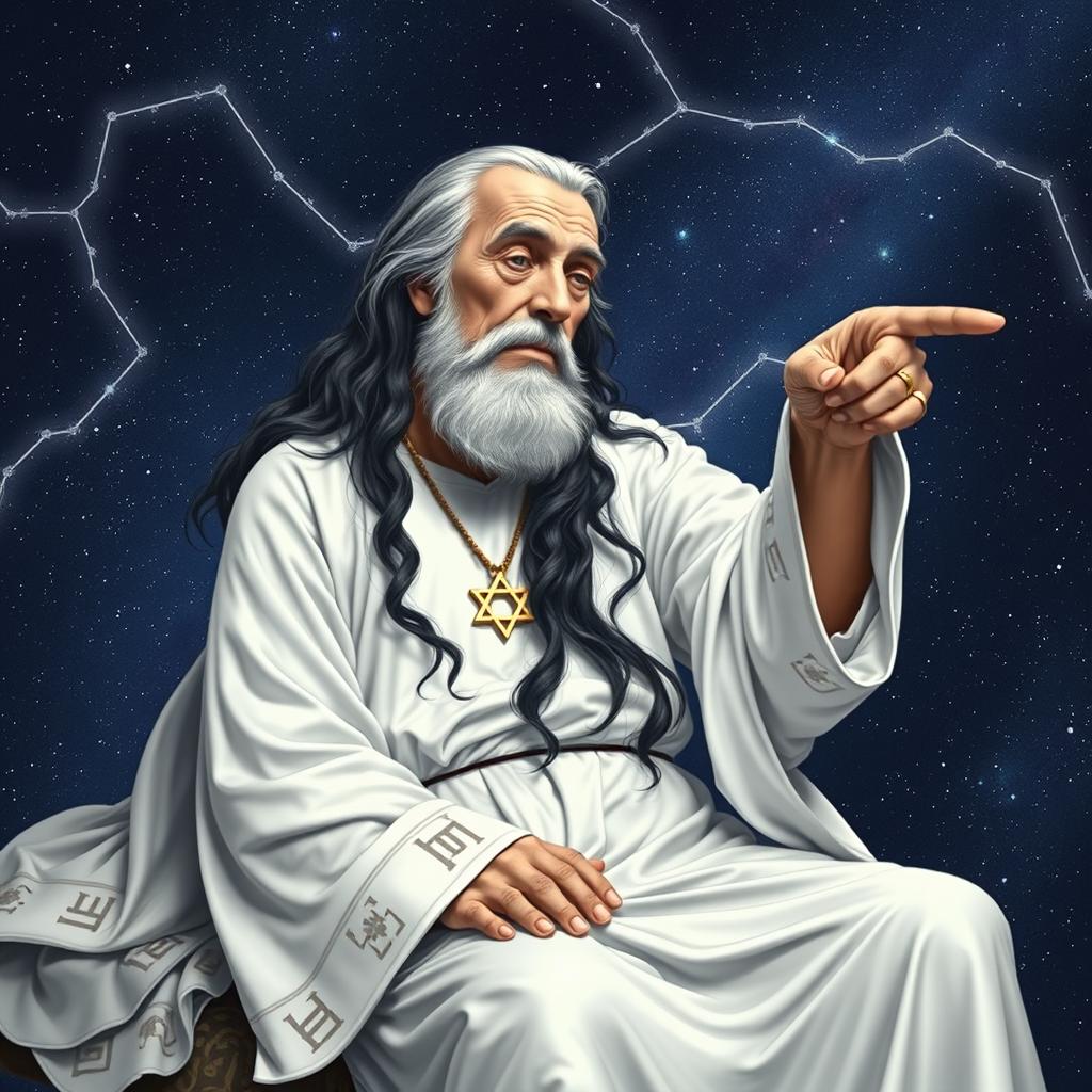 An elderly man reclining within the constellation Cassiopeia, characterized by long black and white hair