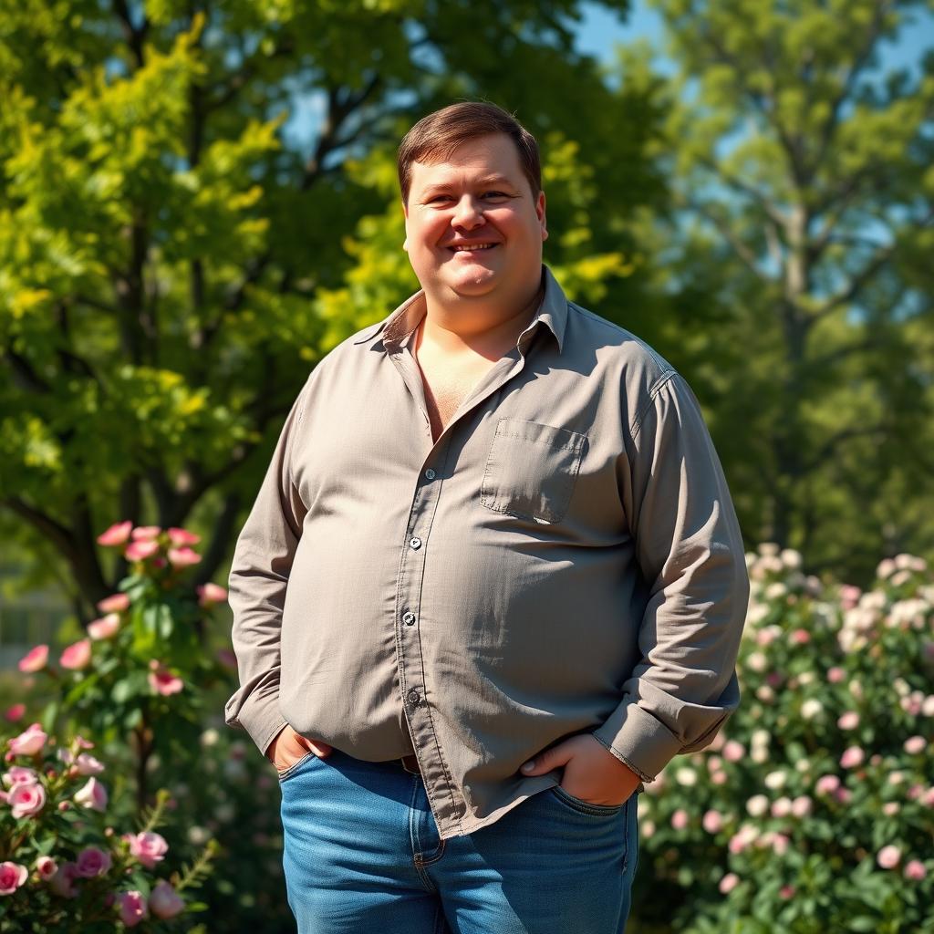 A hyper realistic portrayal of an overweight but not obese white man standing confidently in a lush outdoor setting