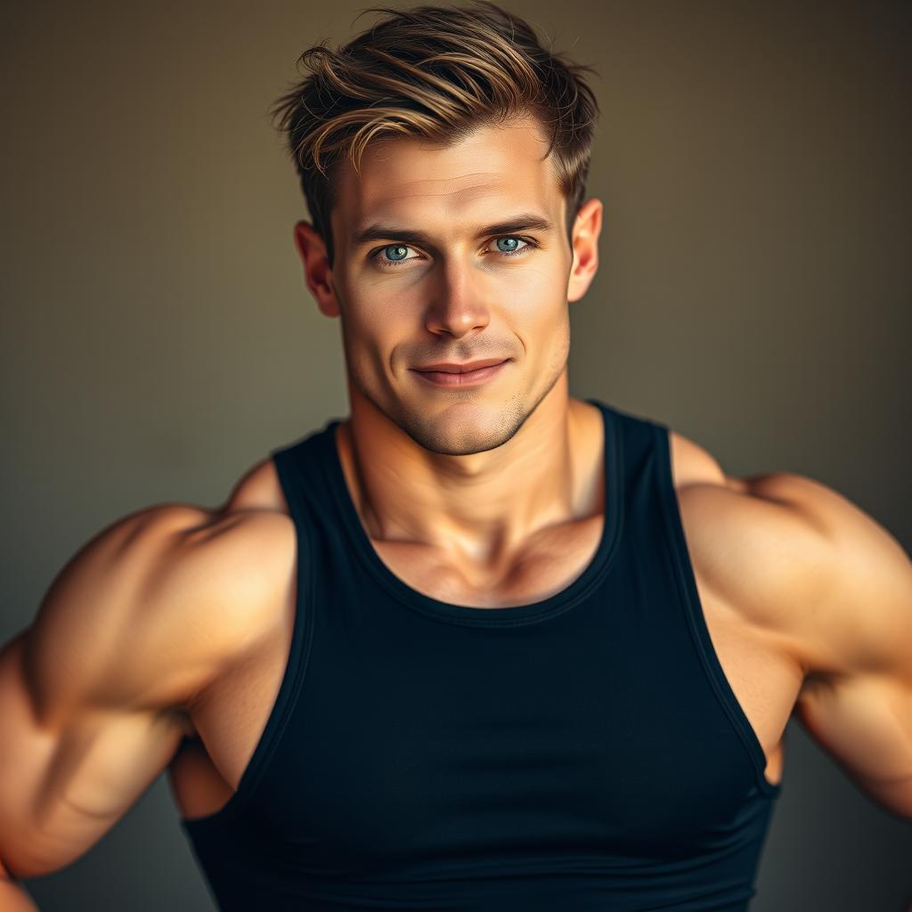 A hyper-realistic portrait of a fit and athletic white man, showcasing a well-defined muscular physique