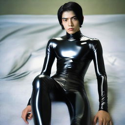 A 20-year-old Indonesian man with a firm face, large head, black hair, sharp nose, thin eyebrows, curled eyelashes, large eyes, clean-shaven, wearing latex catsuit pants.