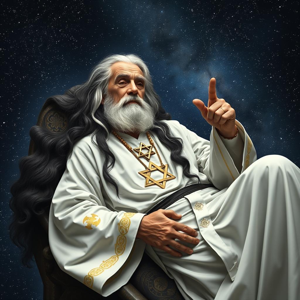 An elderly man reclining within the constellation Cassiopeia, characterized by long black and white hair