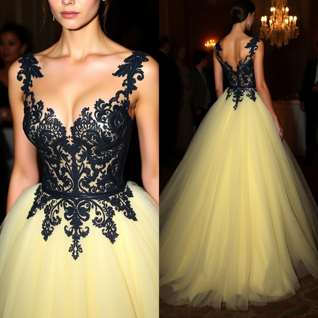 A stunning pale yellow gown featuring an elegant black bodice adorned with intricate lace details