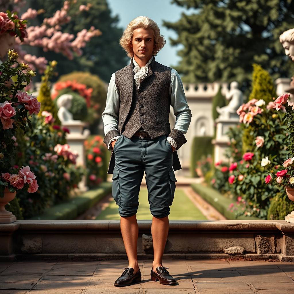 A scene depicting a fashionable 18th century man wearing short cargo pants, standing confidently with a slight smile