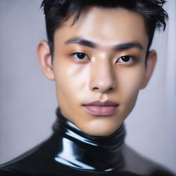 A 20-year-old Indonesian man with a firm face, large head, black hair, sharp nose, thin eyebrows, curled eyelashes, large eyes, clean-shaven, wearing latex catsuit pants.