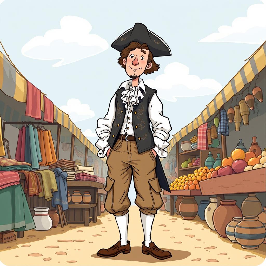 A whimsical illustration of an 18th century man wearing fashionably short cargo pants, standing in a lively outdoor market scene