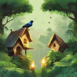 Three houses set in a jungle, where a magical bird distributes fire to the wild people living there, instilling happiness