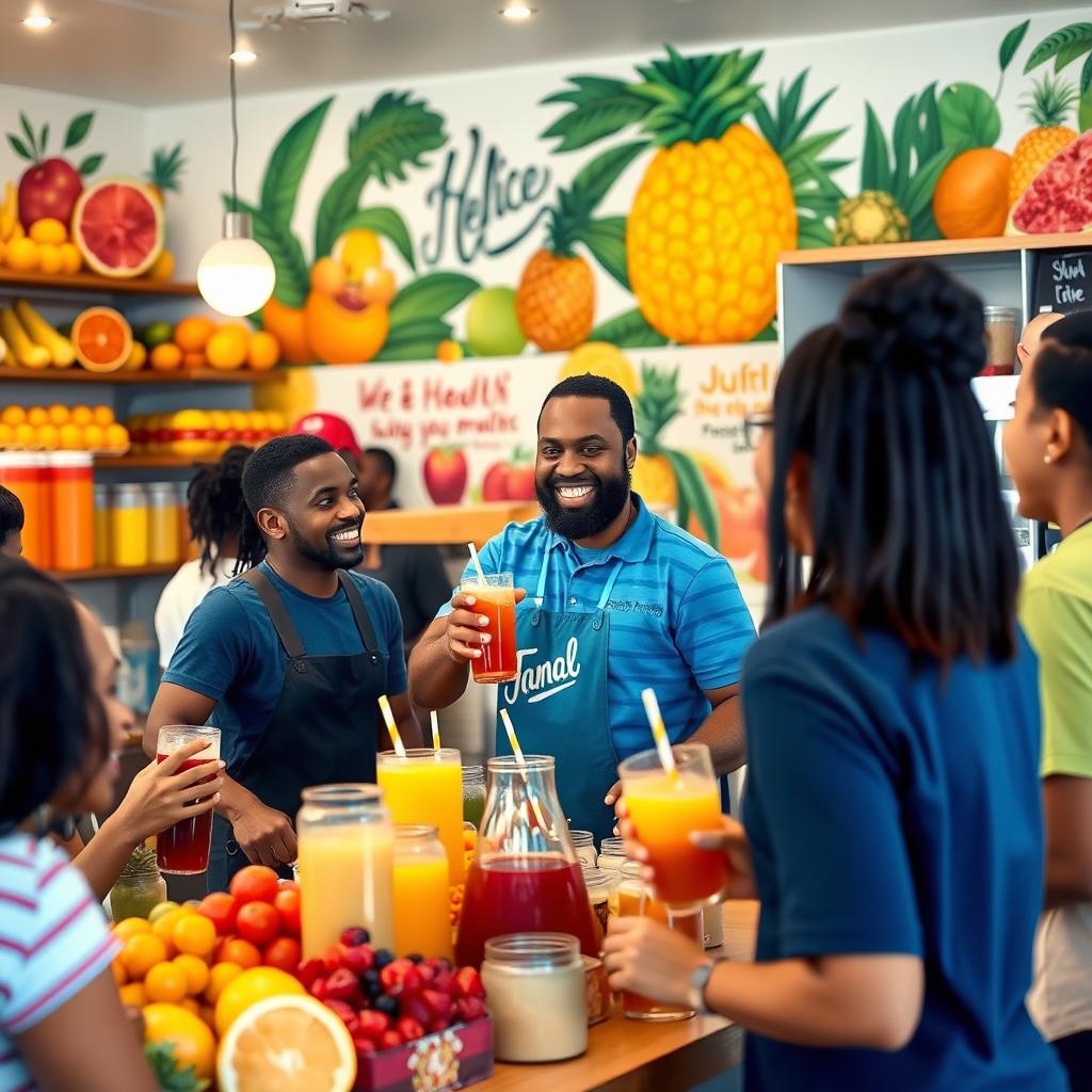 A vibrant juice shop scene showcasing Jamal, a friendly juice shop owner, energetically serving fresh, colorful juices to customers