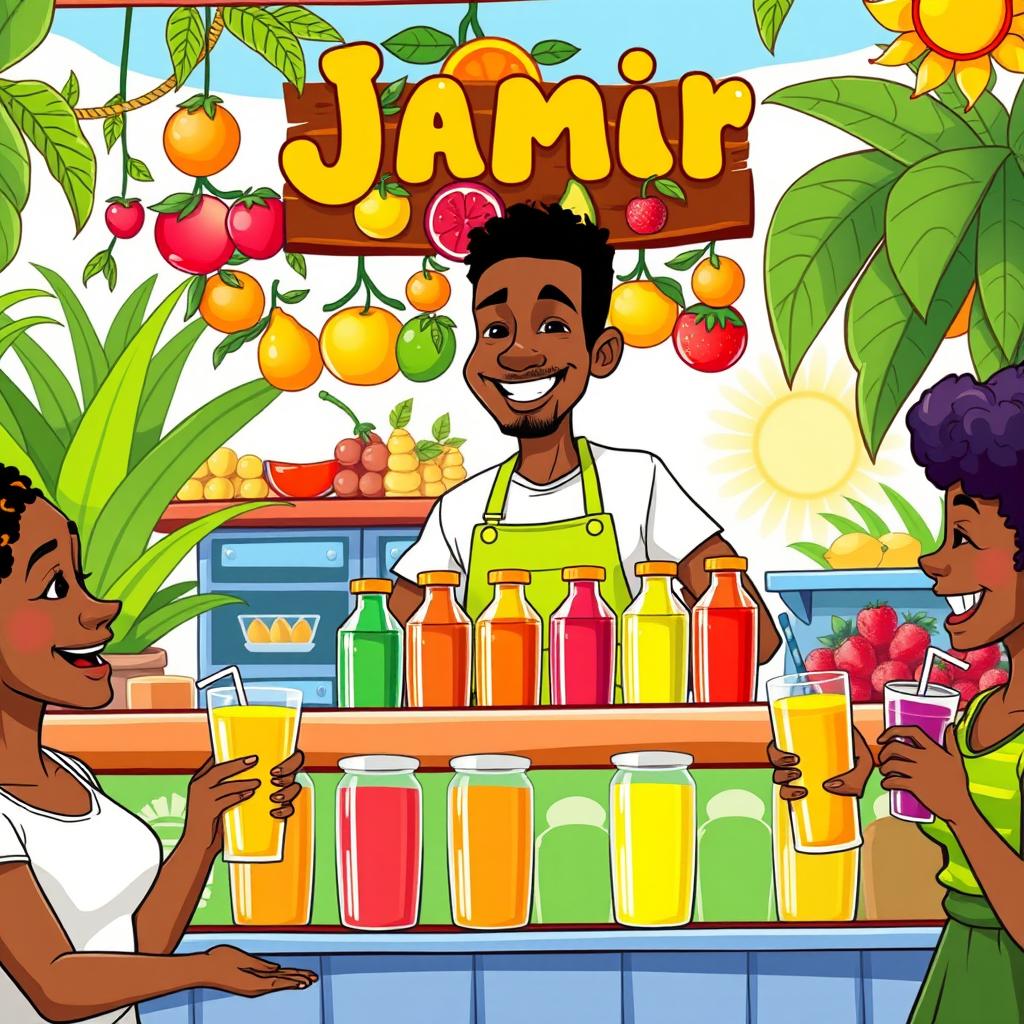 A vibrant cartoon scene depicting Jamal, a cheerful juice shop owner, standing behind a colorful juice bar filled with fresh fruits and an array of colorful juice bottles