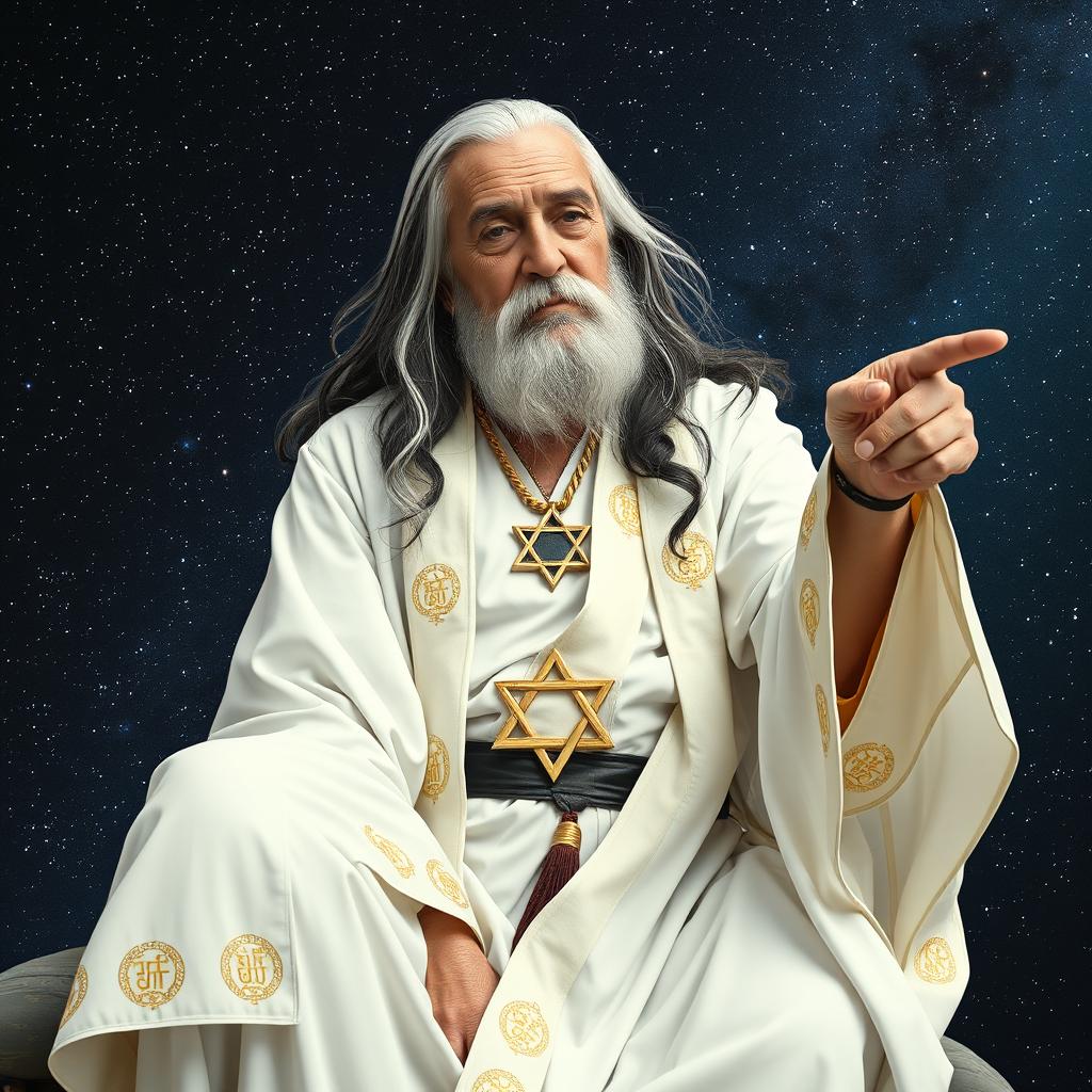 An elderly man reclining within the constellation Cassiopeia, characterized by long black and white hair