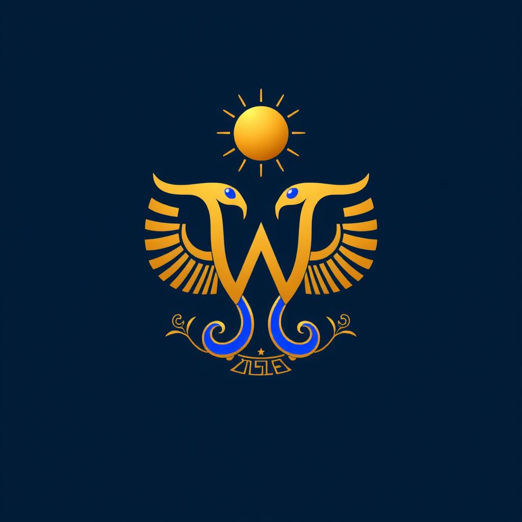 A majestic gold and lapis lazuli Egyptian-style logo, featuring a stylized letter 'W' made of two intertwined serpents (uraei) with a sun disk above, surrounded by minimalist Horus wings and hieroglyphic patterns