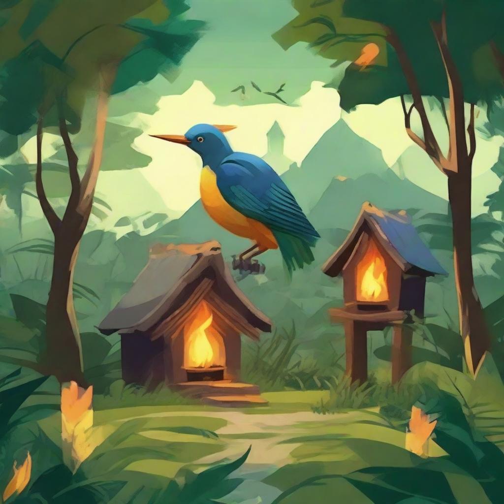 Three houses set in a jungle, where a magical bird distributes fire to the wild people living there, instilling happiness