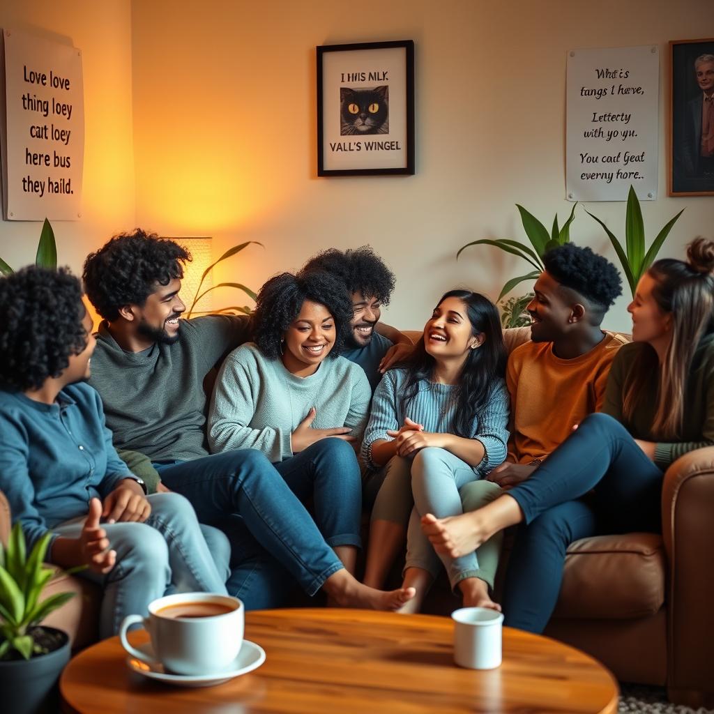 A supportive scene featuring a diverse group of friends gathered in a cozy living room
