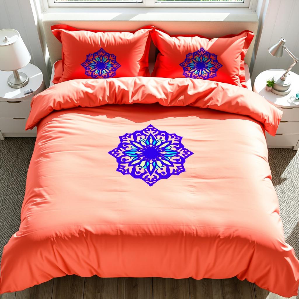 A visually striking duvet cover set featuring a unique logo prominently displayed at the center