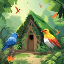 Three houses set in a jungle, where a magical bird distributes fire to the wild people living there, instilling happiness