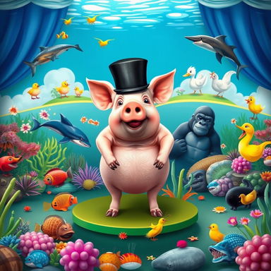 A whimsical and surreal scene featuring a pig wearing a helmet and a top hat, standing proudly on a vibrant underwater stage adorned with various colorful fish, including a dolphin, multiple sharks, and a playful gorilla