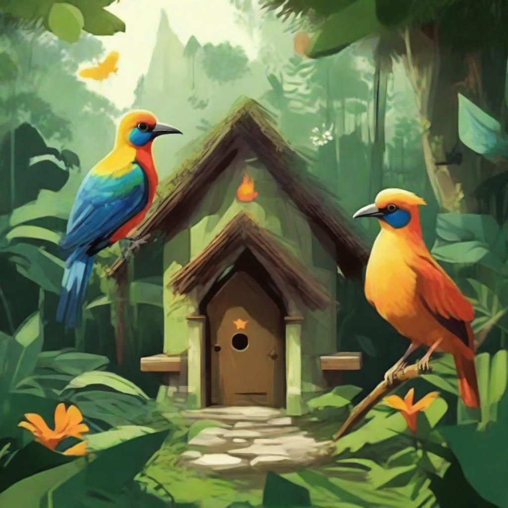 Three houses set in a jungle, where a magical bird distributes fire to the wild people living there, instilling happiness