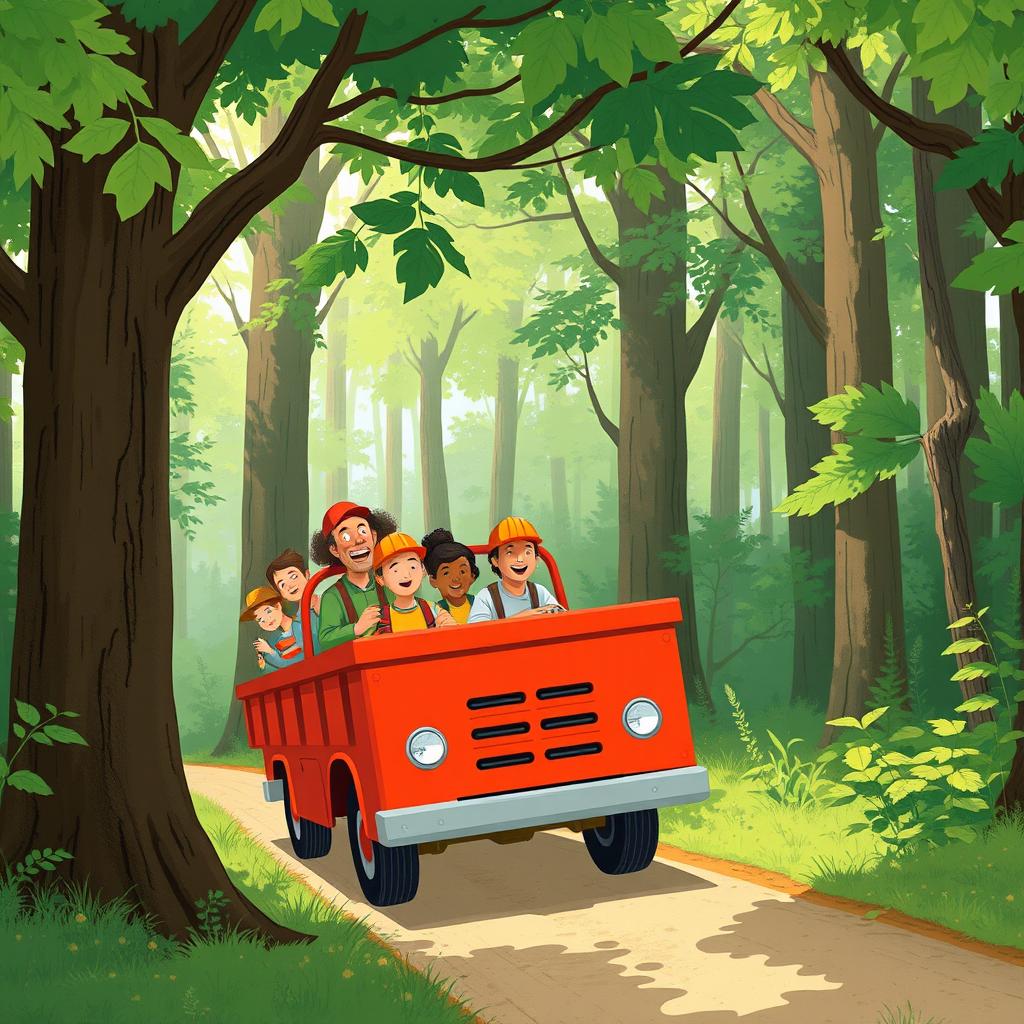 A group of workers driving a bright red truck into a lush green forest, capturing the whimsical and illustrative style of Jon Klassen