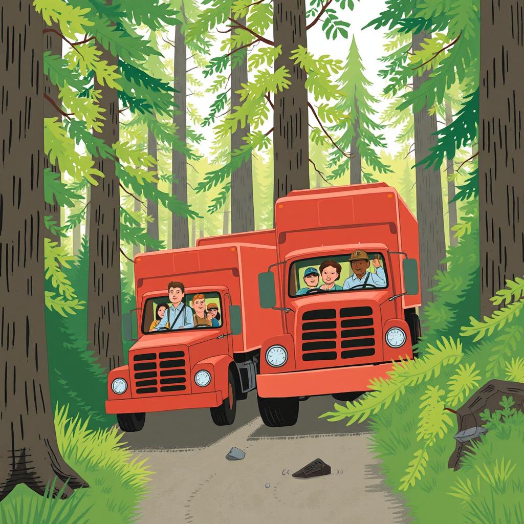 A group of workers driving red trucks into a dense forest, illustrated in the whimsical style of Jon Klassen