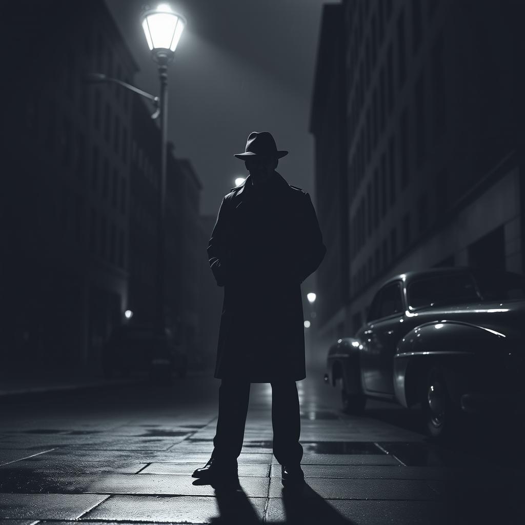 A noir-style detective scene set in a dimly lit, atmospheric urban environment